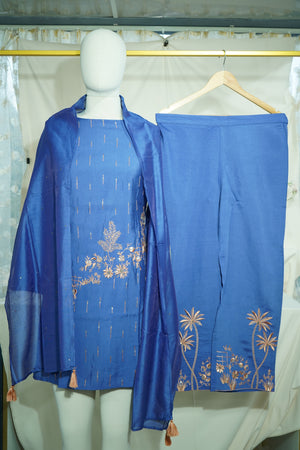 Blue Embroidered Coord Set(Top,Bottom,Scarf-Muslin)