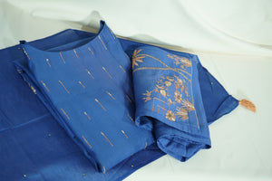 Blue Embroidered Coord Set(Top,Bottom,Scarf-Muslin)