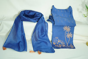 Blue Embroidered Coord Set(Top,Bottom,Scarf-Muslin)