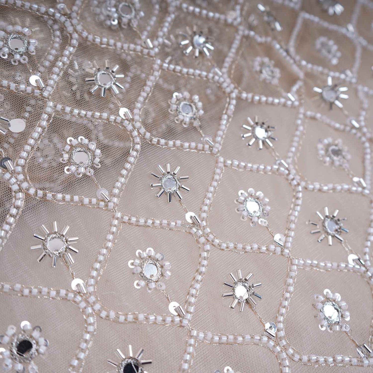 Golden Cutdana embroidery mirror work Dyeable Net Fabric AC-29015