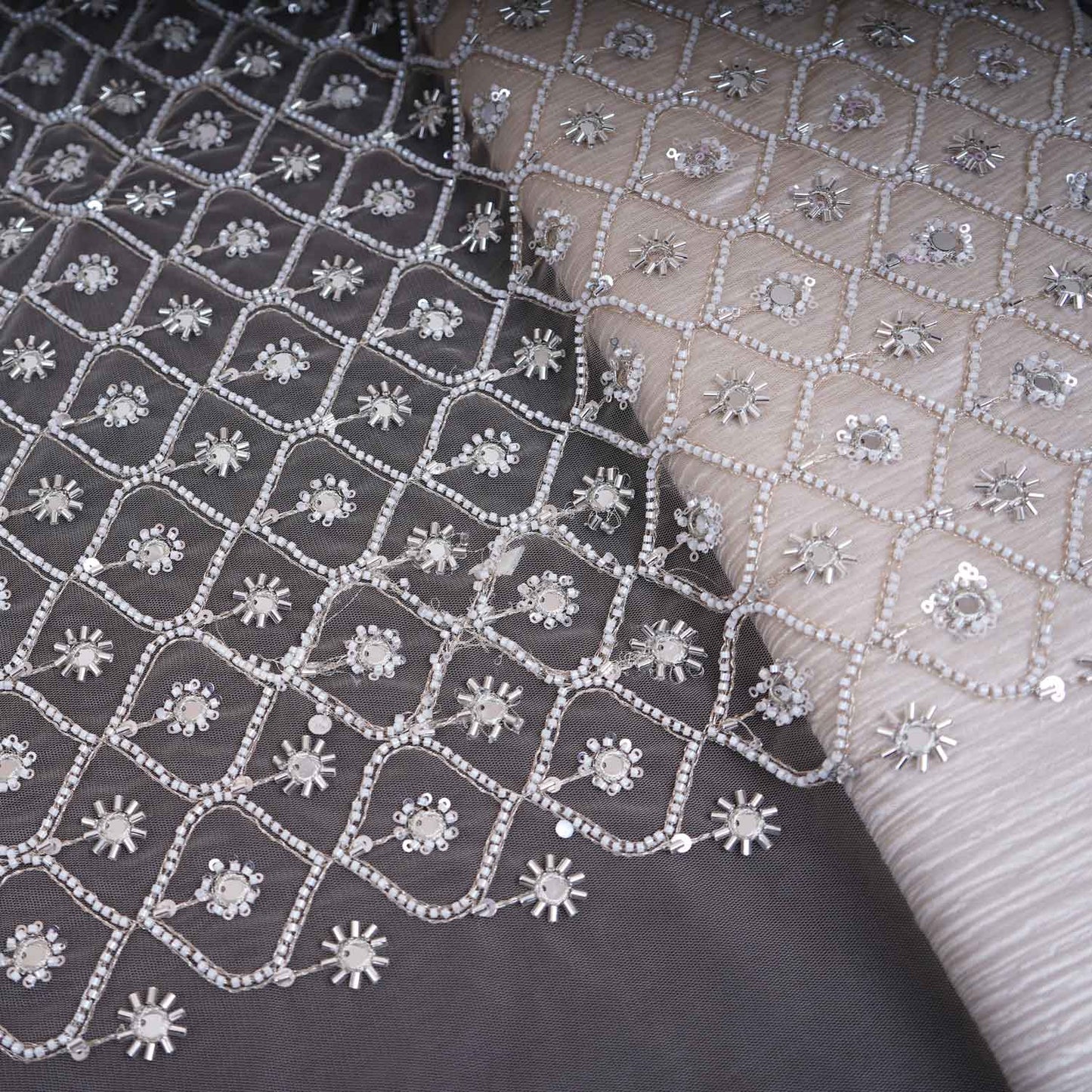 Golden Cutdana embroidery mirror work Dyeable Net Fabric AC-29016