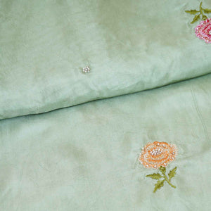 Parrot Green Floral Embroidery Bemberg Silk Fabric WI-29019 - TradeUNO