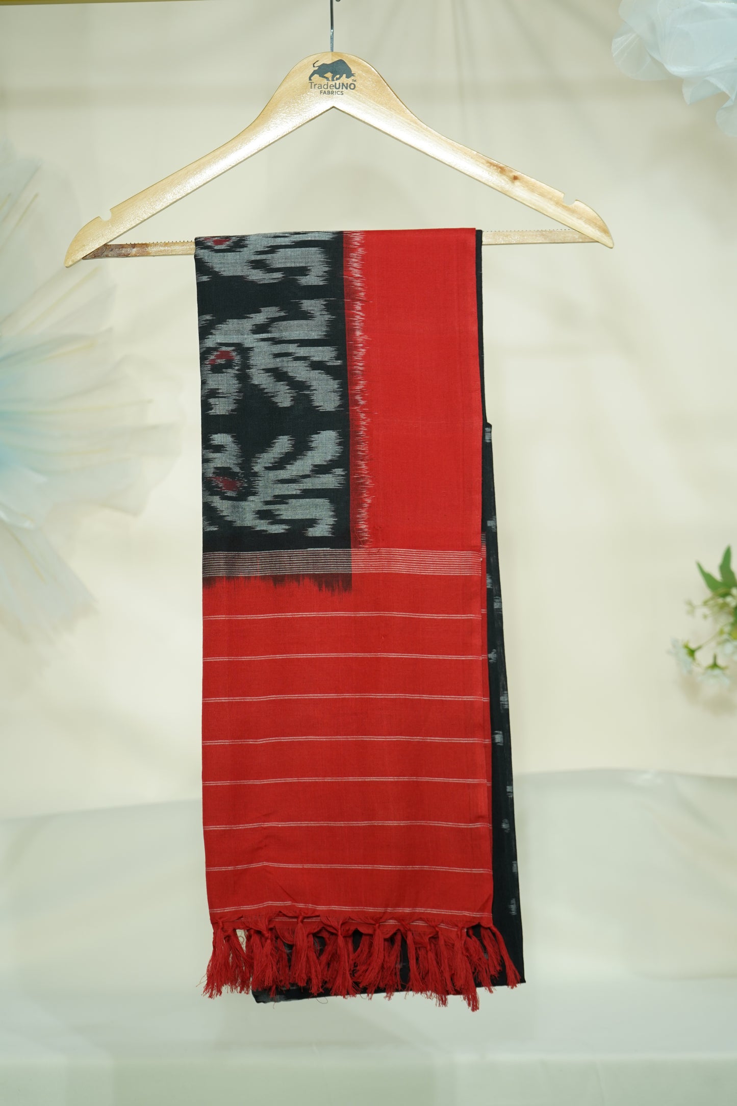 Premium Red and Black IKKAT Prints Dupatta Cotton Fabric