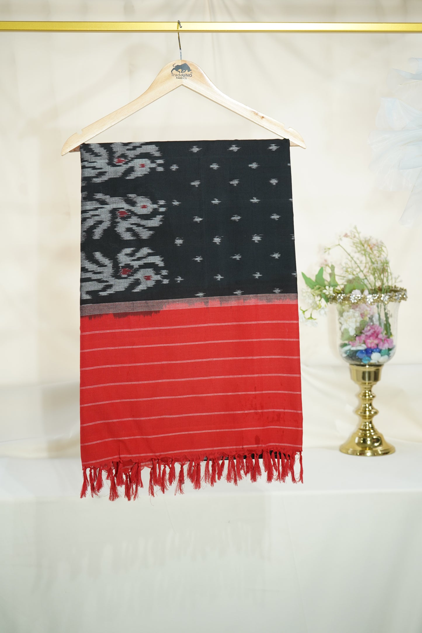 Premium Red and Black IKKAT Prints Dupatta Cotton Fabric