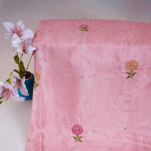 Peach Pink Floral Embroidery Bemberg Silk Fabric WI-29018 - TradeUNO