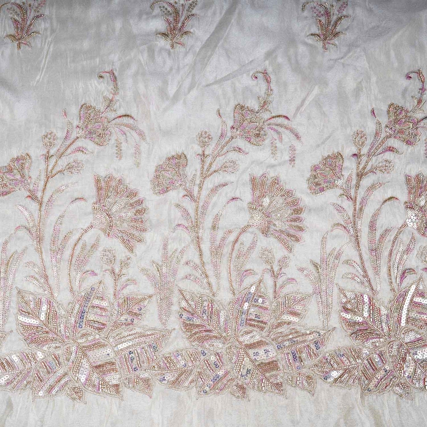Golden Floral Cutdana Sequnis embroidery Tissue Fabric WI-29021