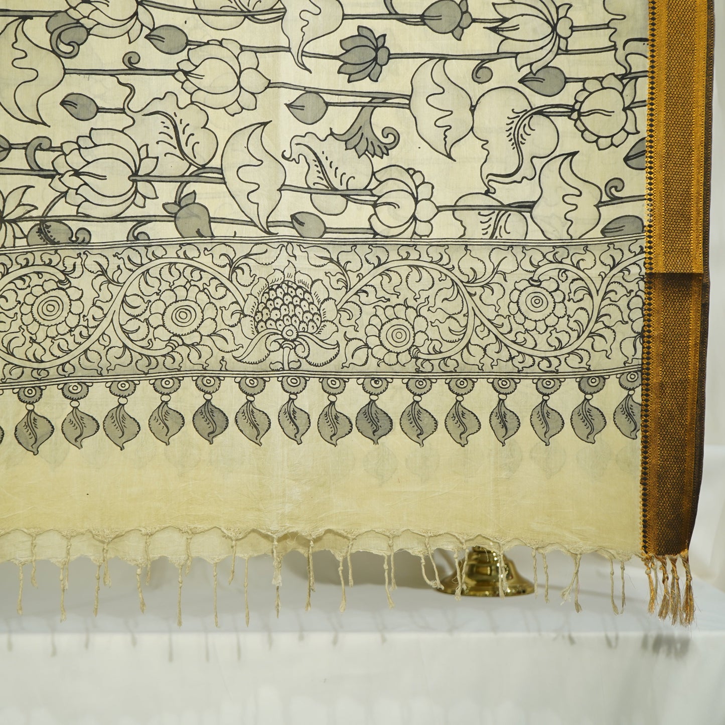 Premium Golden Kalamkari Prints Pen Kalamkari Dupatta Fabric