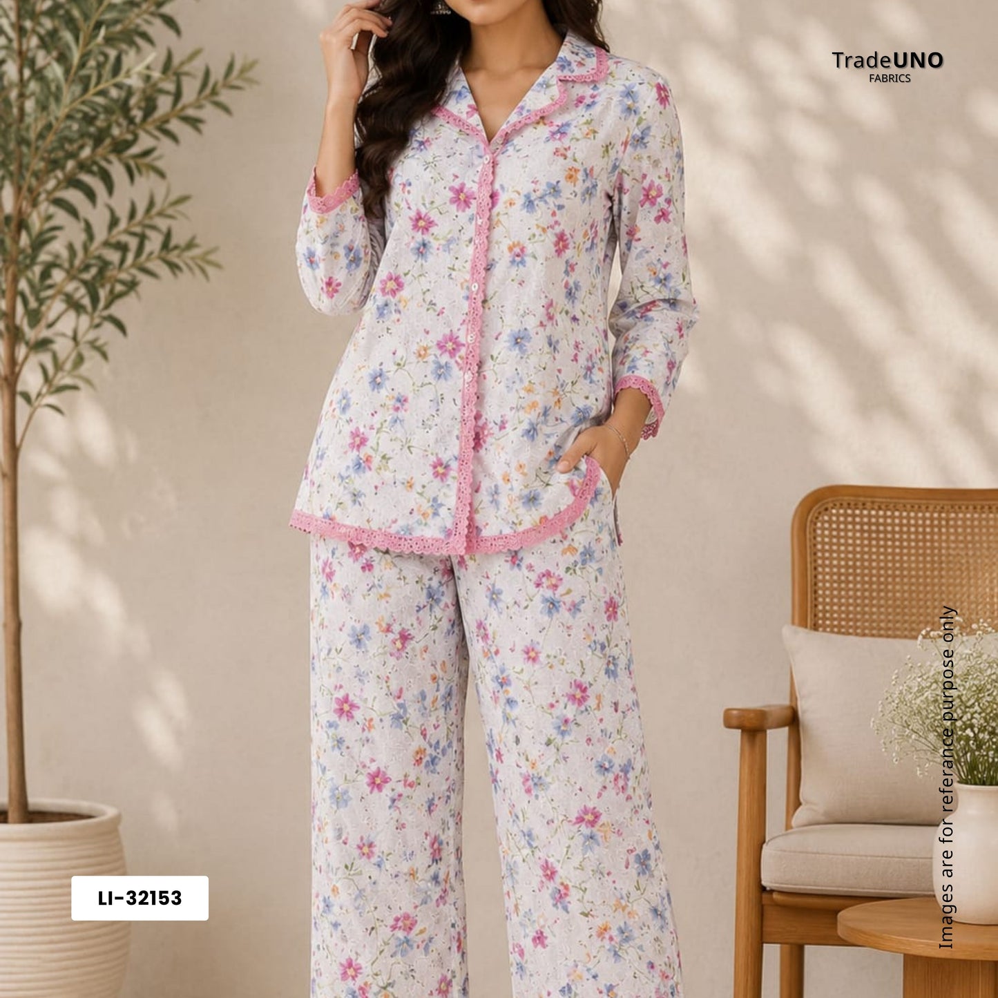 White With Multicolor Floral Print Cotton Schiffli Fabric LI-32153 - TradeUNO