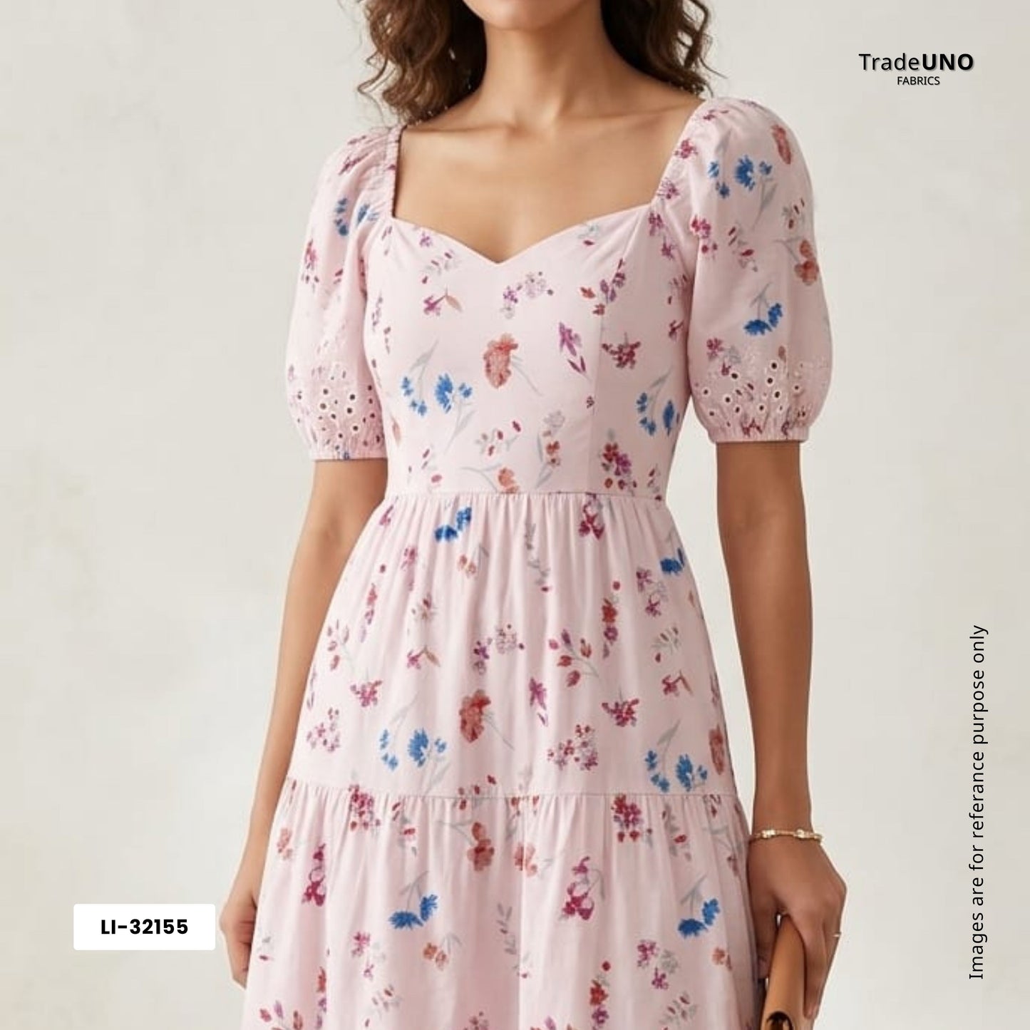 Pink With Blue Floral Print Cotton Schiffli Fabric LI-32155 - TradeUNO