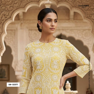 Yellow Parsi Gara Embroidery Georgette Fabric DR-32377 - TradeUNO
