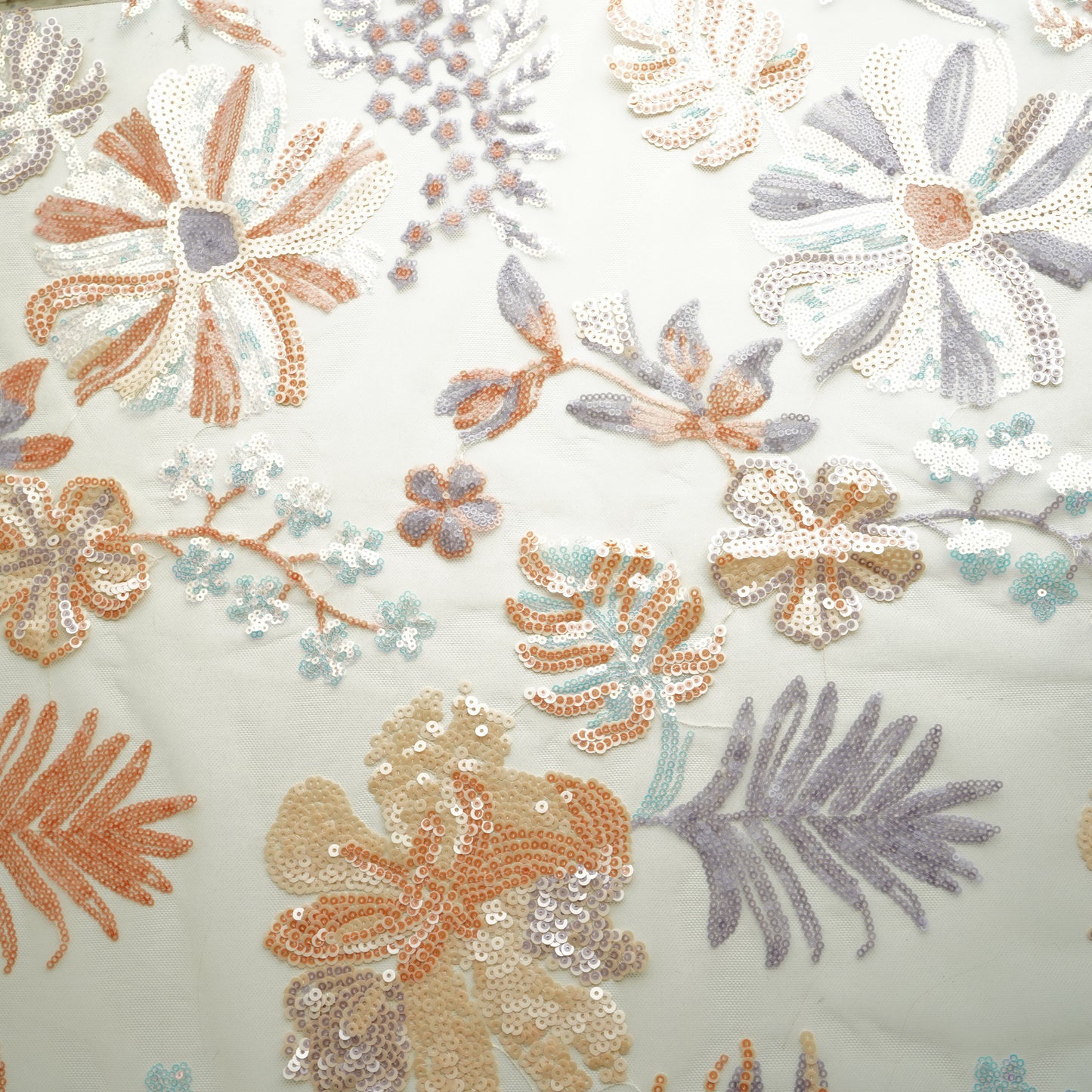 Cream & Orange Floral Imported Sequence Embroidery Net Fabric