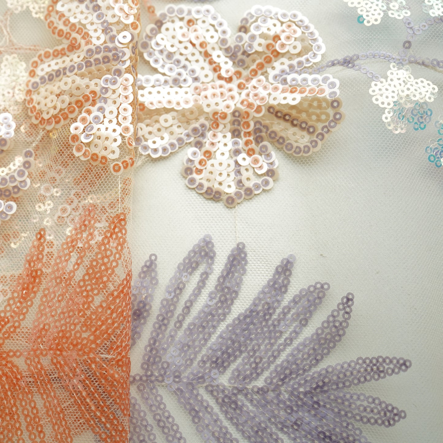 Cream & Orange Floral Imported Sequence Embroidery Net Fabric