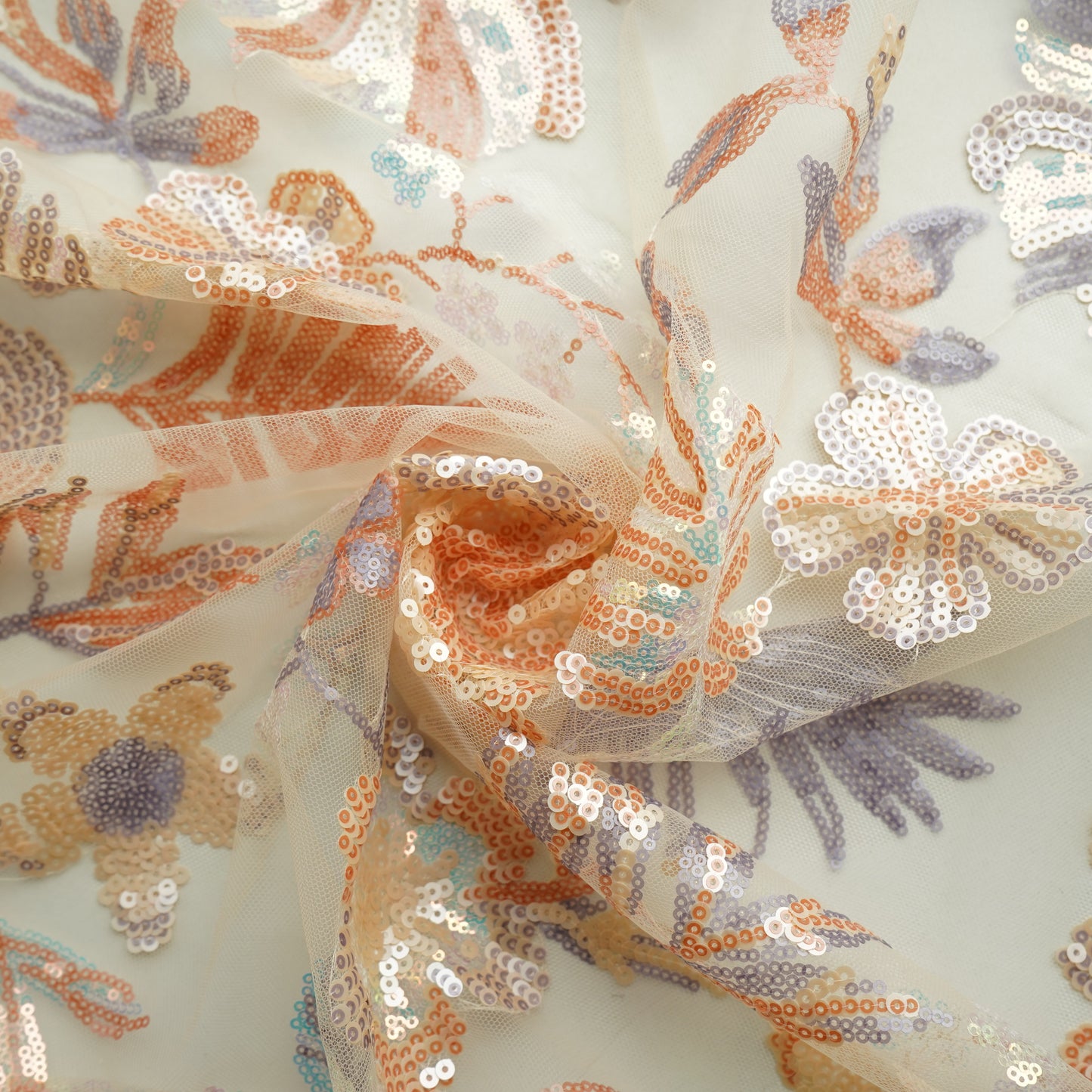 Cream & Orange Floral Imported Sequence Embroidery Net Fabric