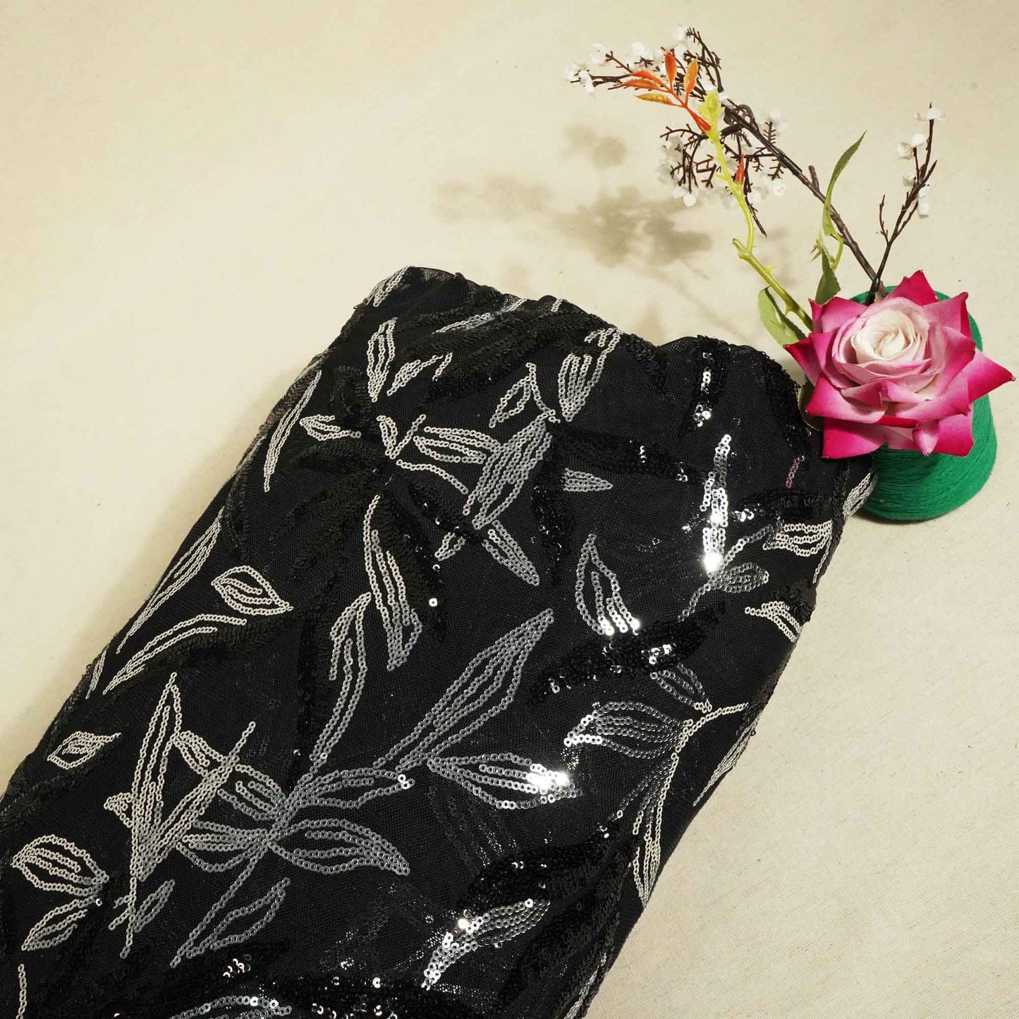 Black & Silver Imported Sequence Embroidery Net CF-12474