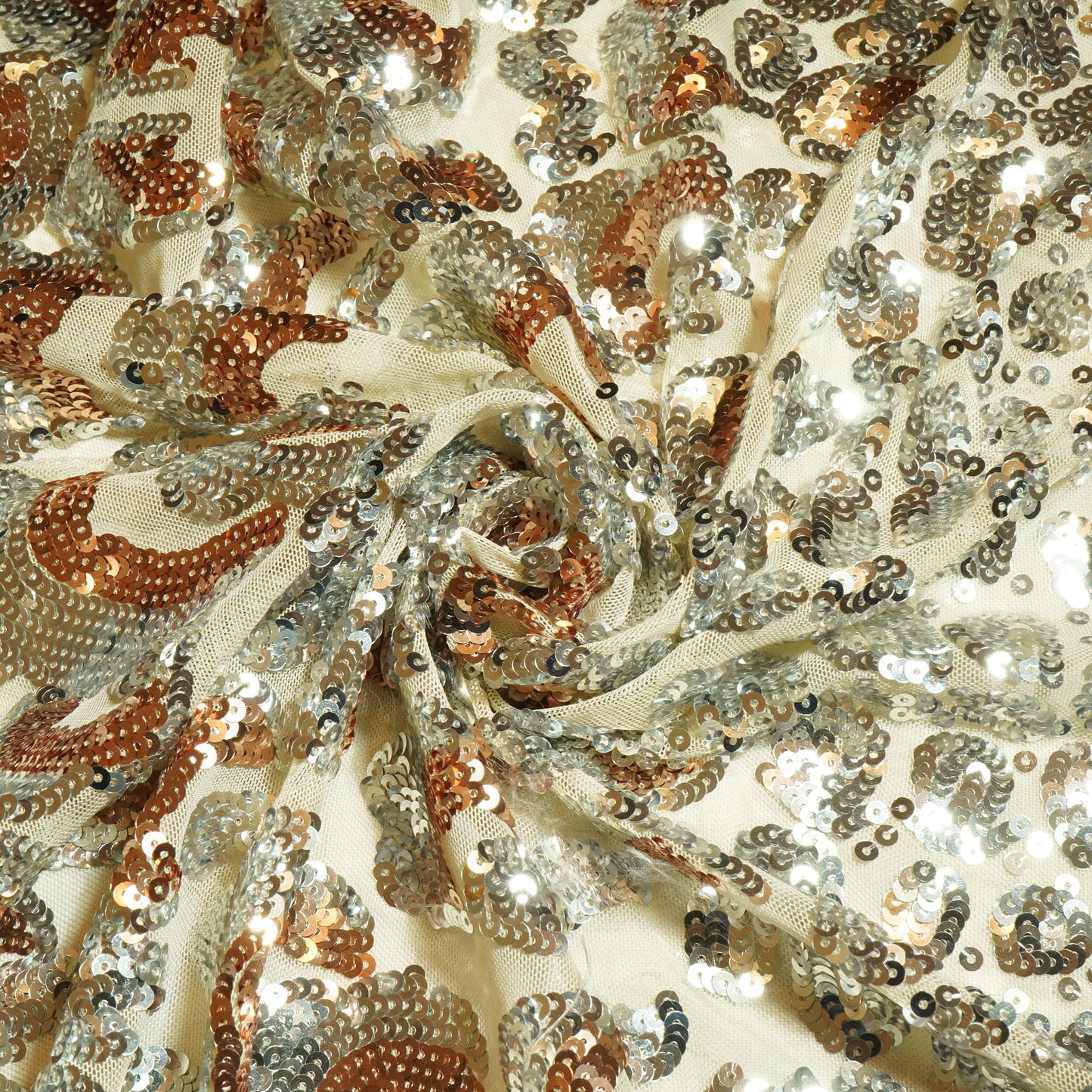 Cream & Orange Imported Sequence Embroidery Net Fabric