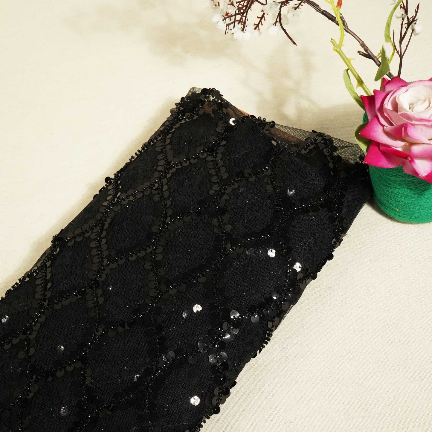 Black Imported Beads Sequence Embroidery Net CF-12490