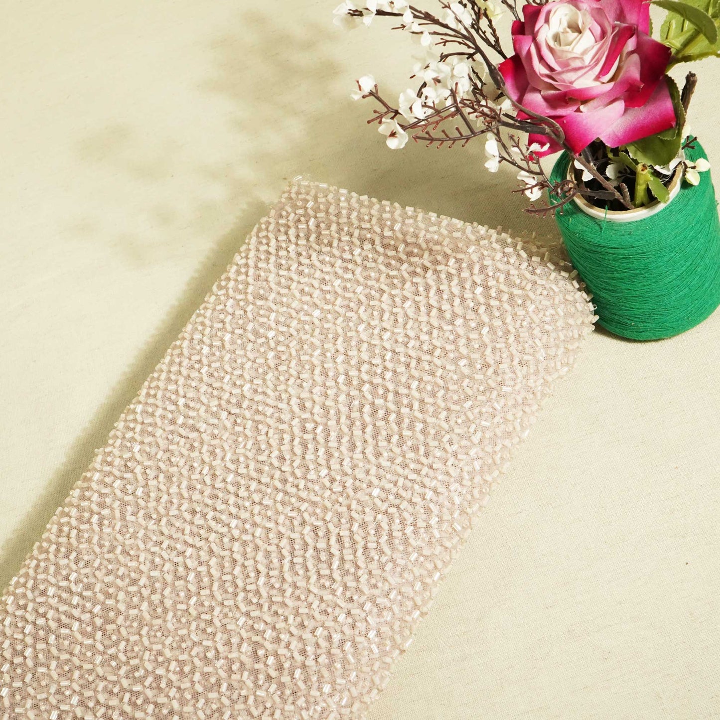 Peach Pink Imported Beads Embroidery Net CF-13292