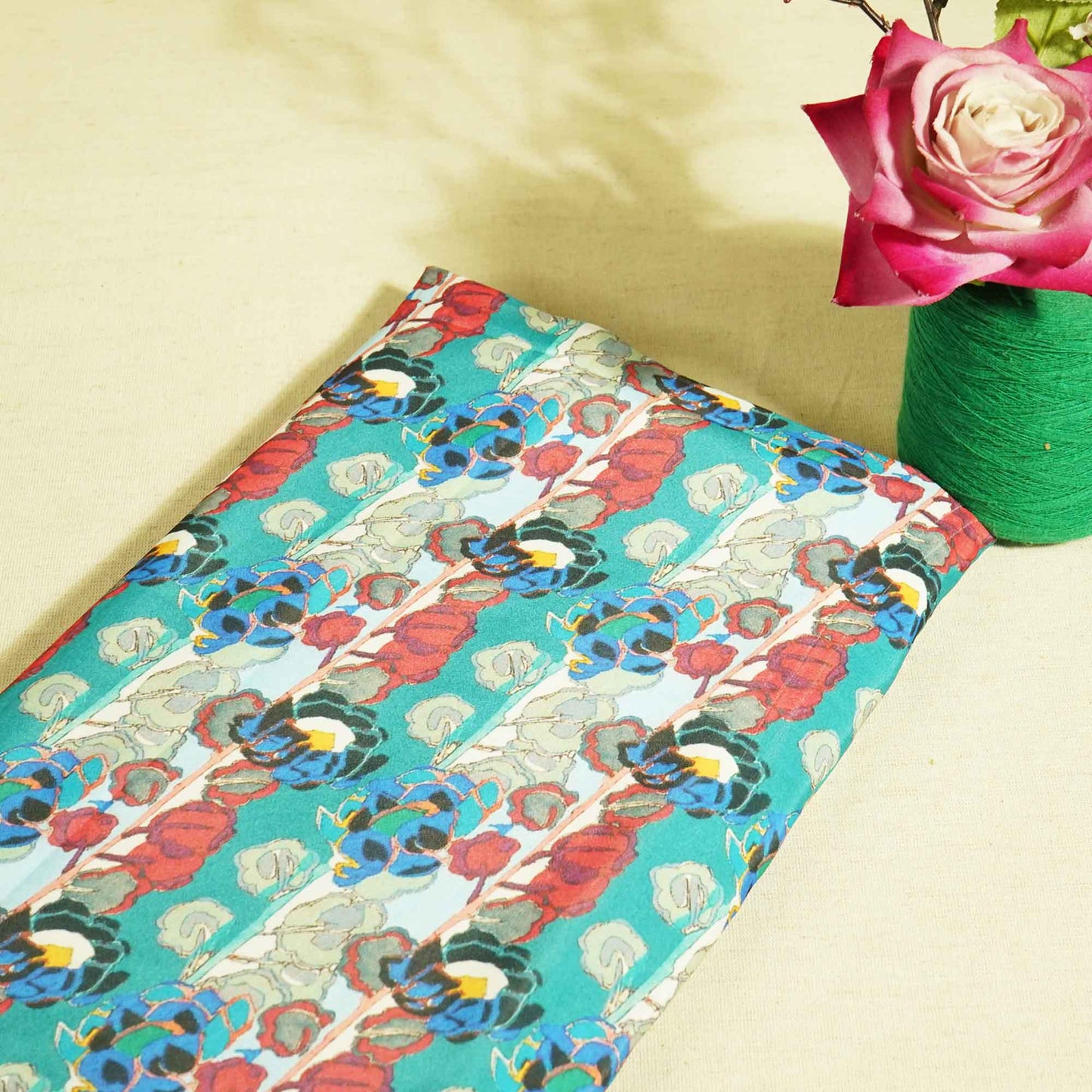Green Blue Floral Print French Crepe VC-13595
