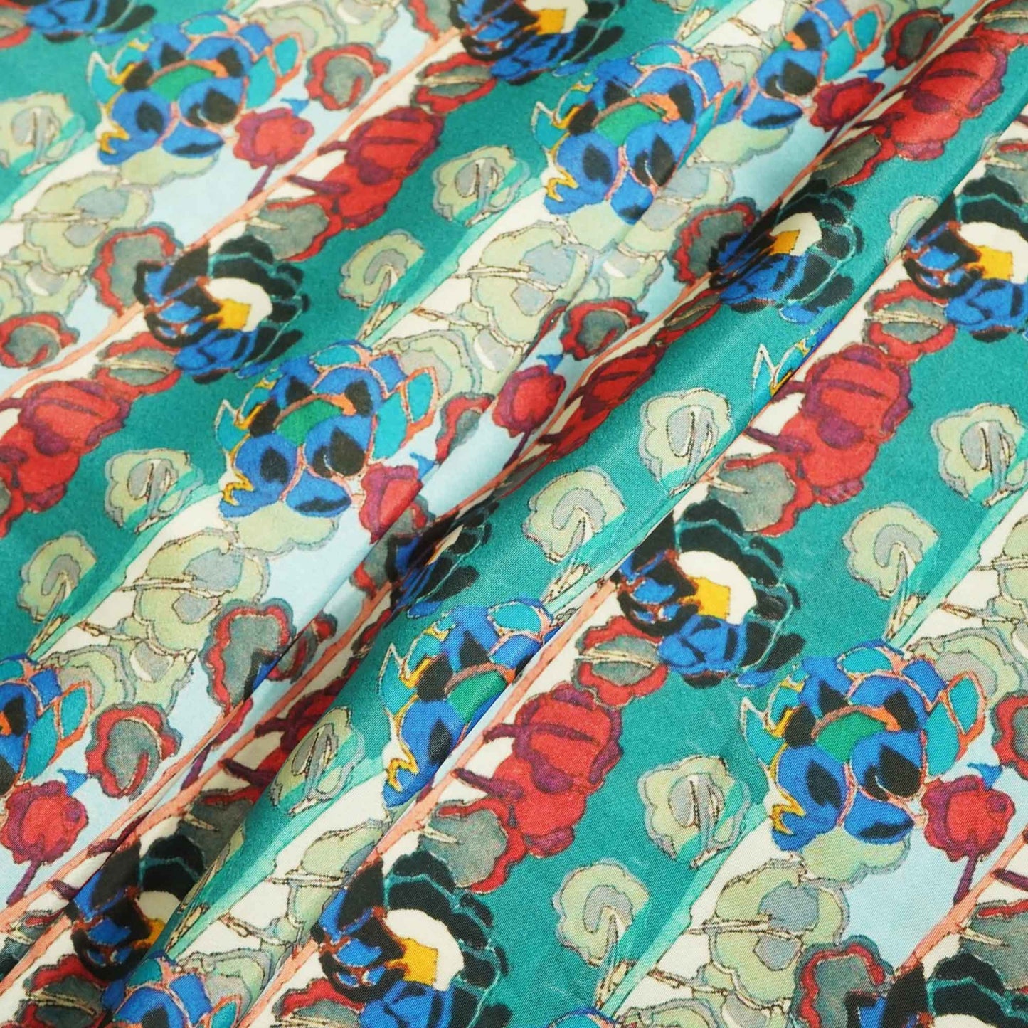 Green Blue Floral Print French Crepe VC-13595