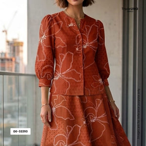 Rust Orange Floral Stripes Print Cotton Fabric DE-32293 - TradeUNO