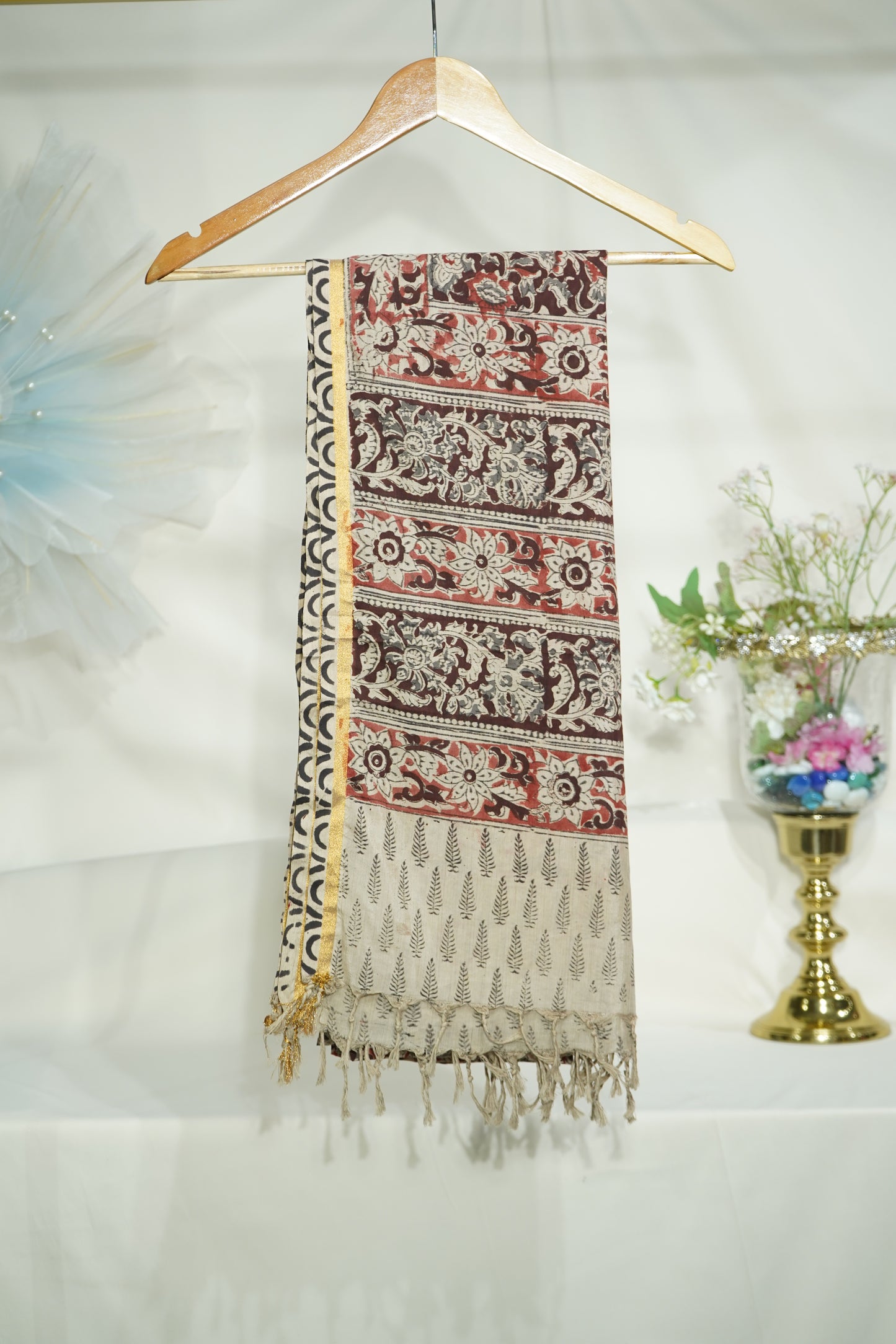 Premium Red and Maroon Kalamkari Prints Dupatta Silk Fabric