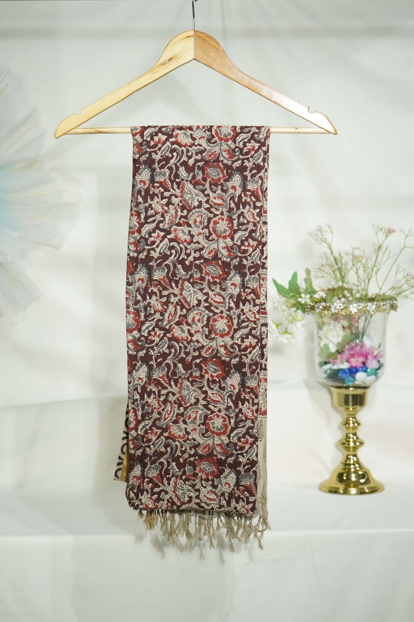 Premium Red and Maroon Kalamkari Prints Dupatta Silk Fabric