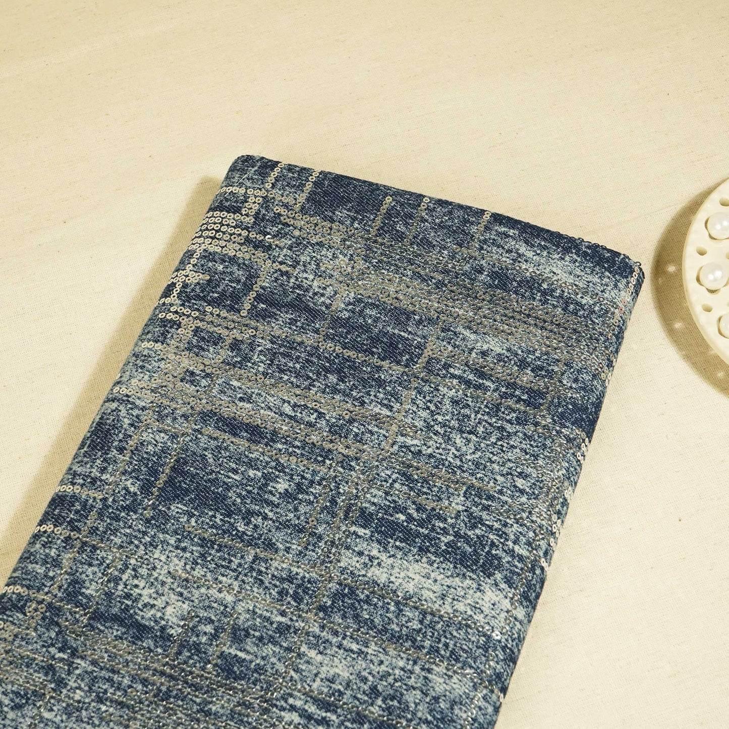 Blue Abstract Sequence Embroidery Denim TU-14394