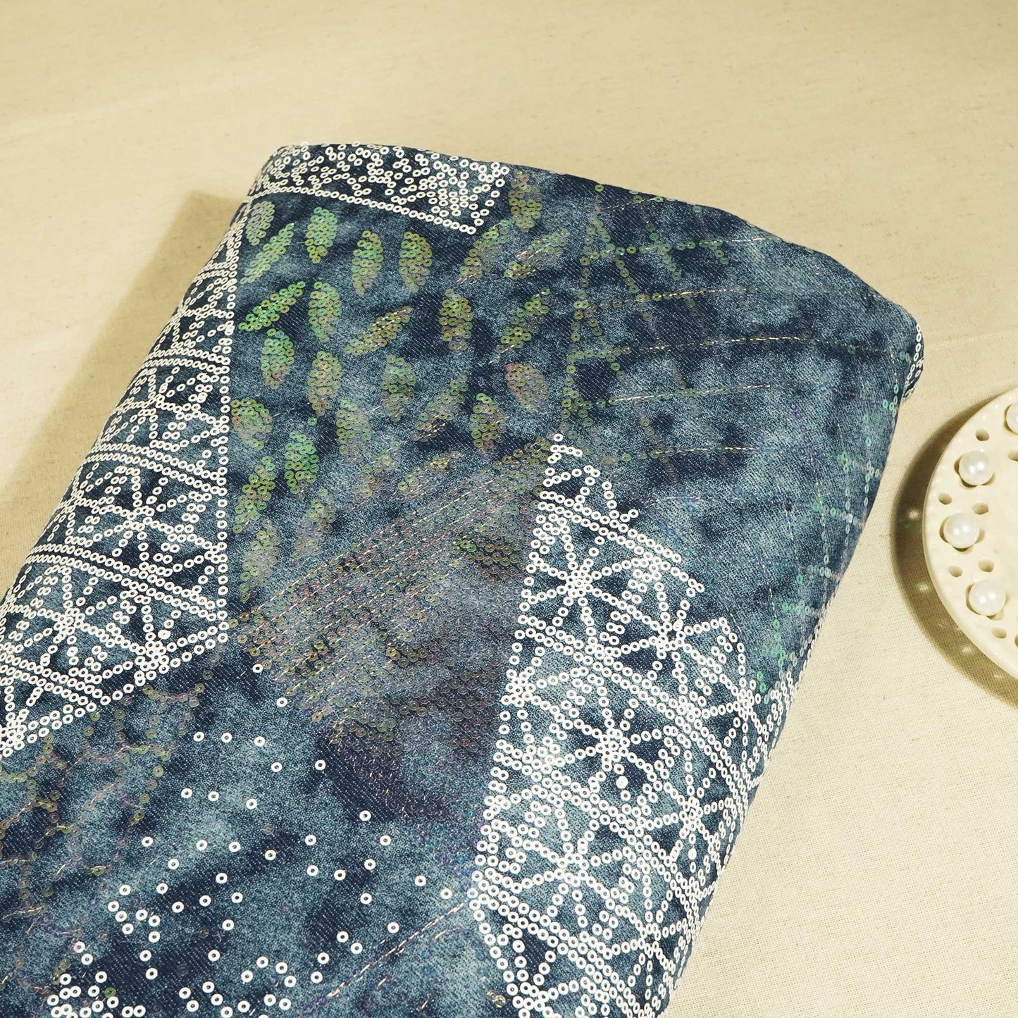 Blue White Abstract Sequence Embroidery Denim TU-14401