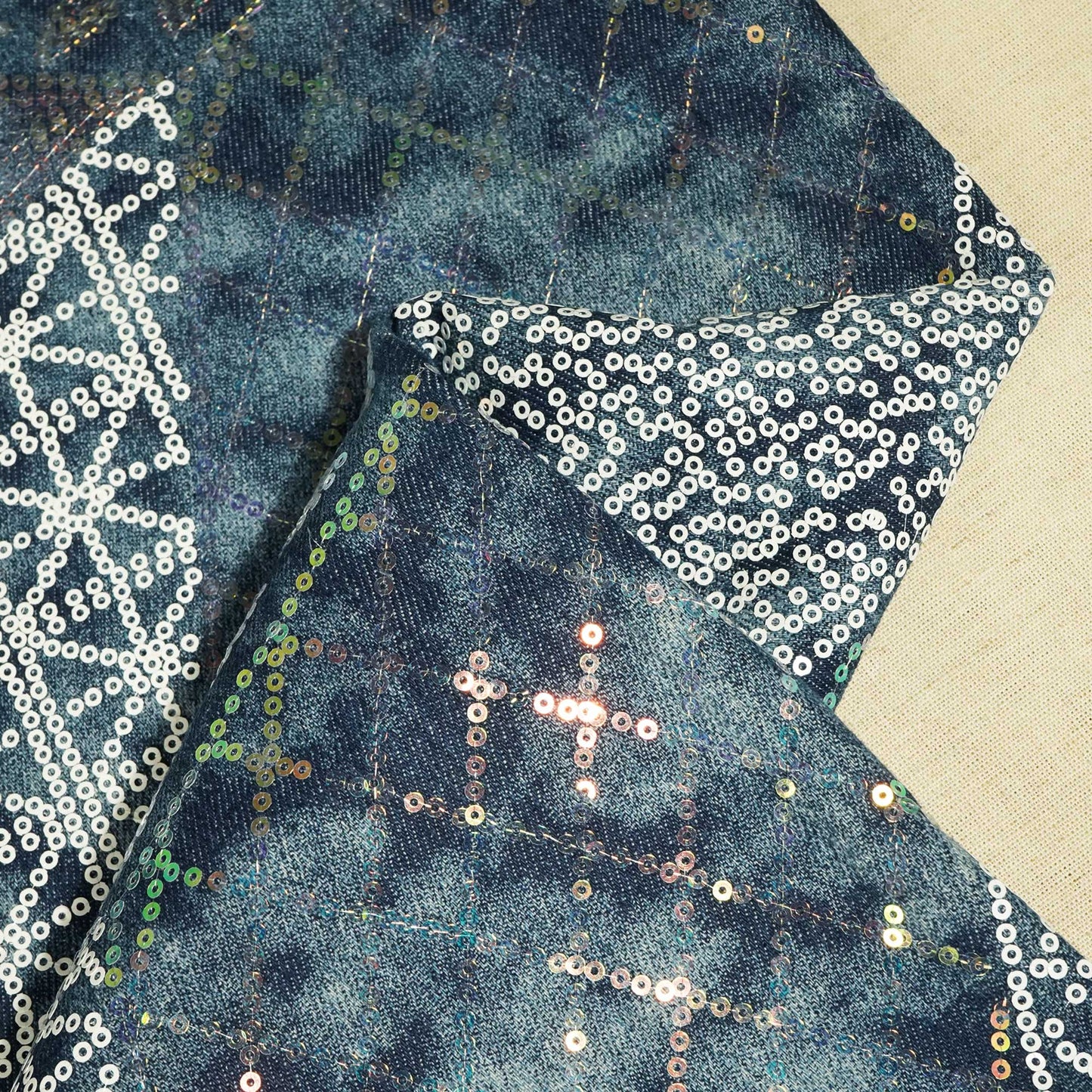 Blue White Abstract Sequence Embroidery Denim TU-14401