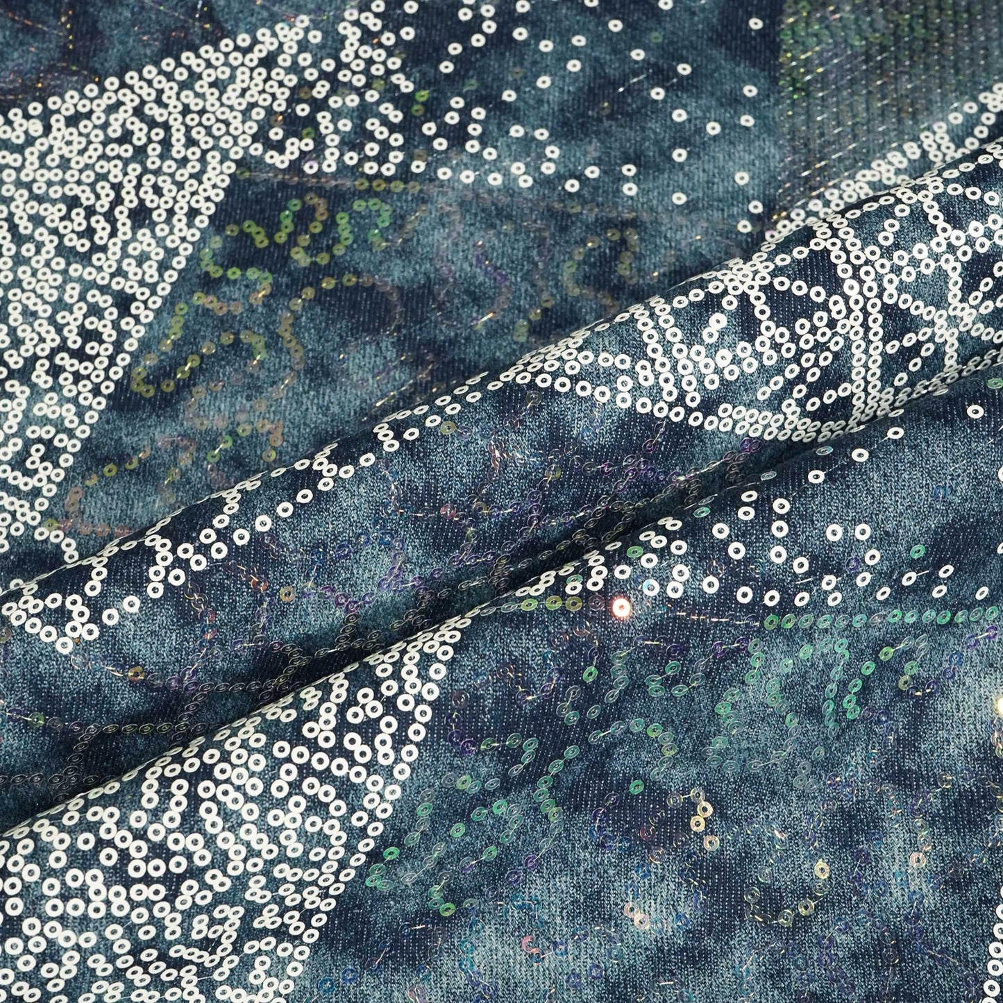 Blue White Abstract Sequence Embroidery Denim TU-14401
