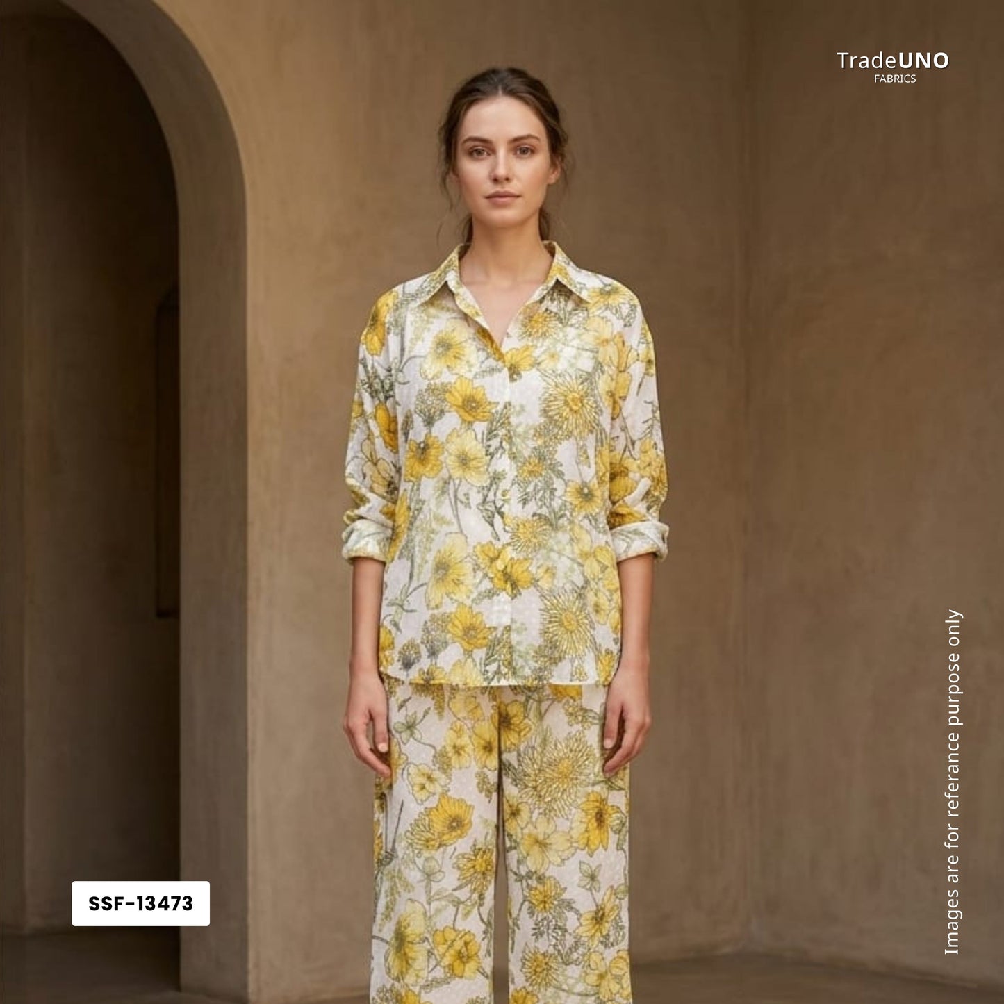 Premium White & Yellow Floral Dobby Print Chiffon Fabric SSF-13473
