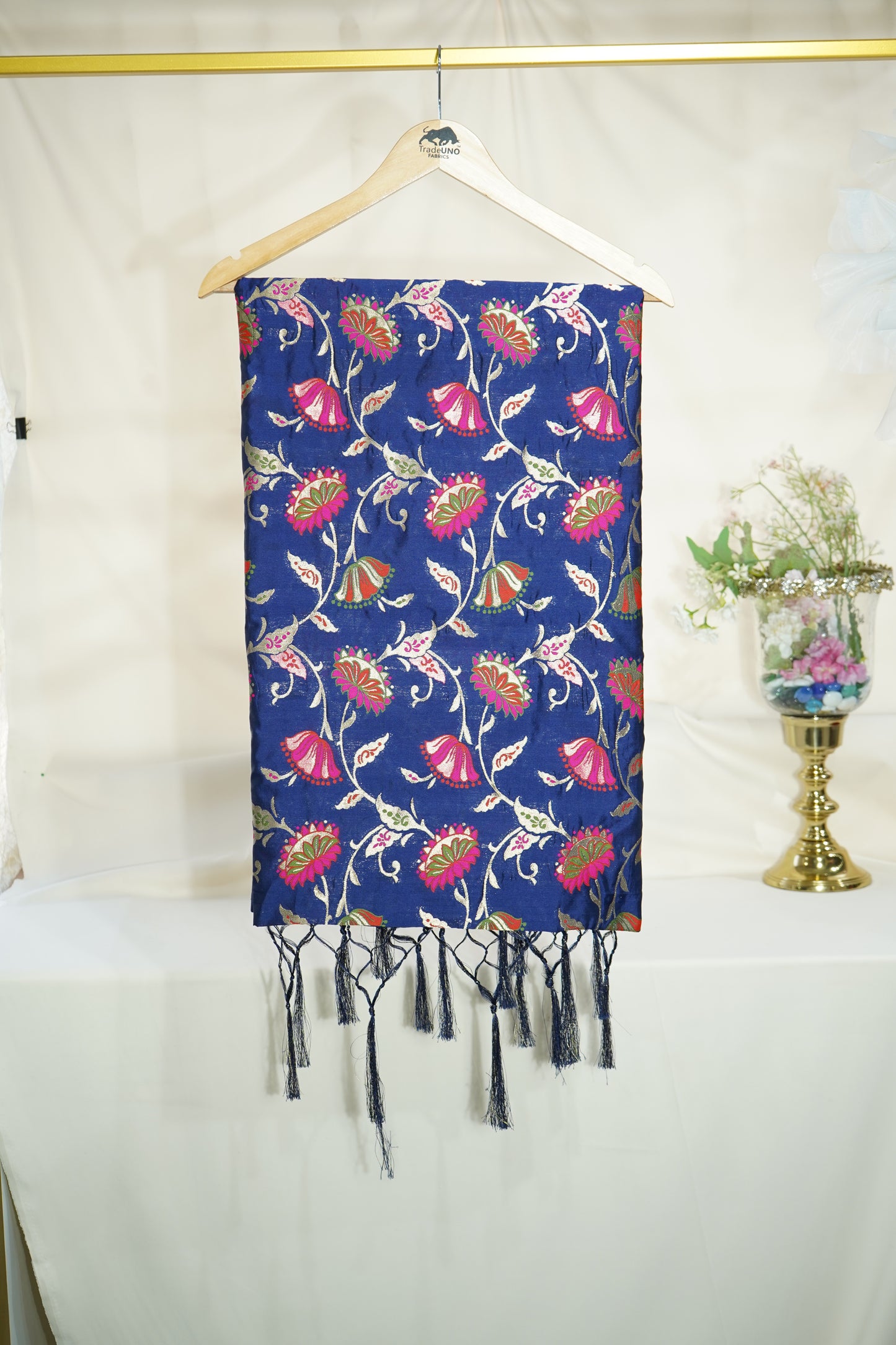 Premium Navy Blue Floral Print Banarasi Jacquard Dupatta