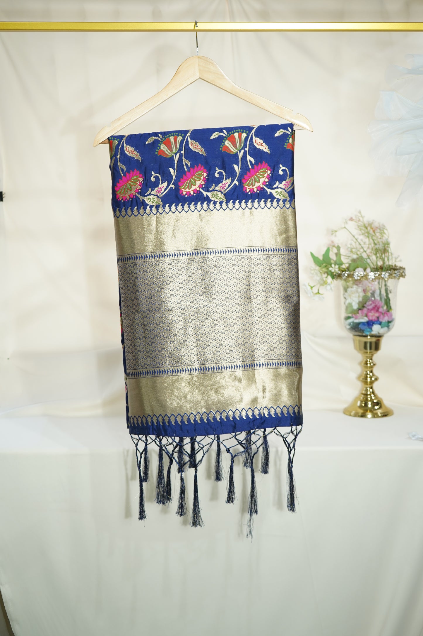 Premium Navy Blue Floral Print Banarasi Jacquard Dupatta