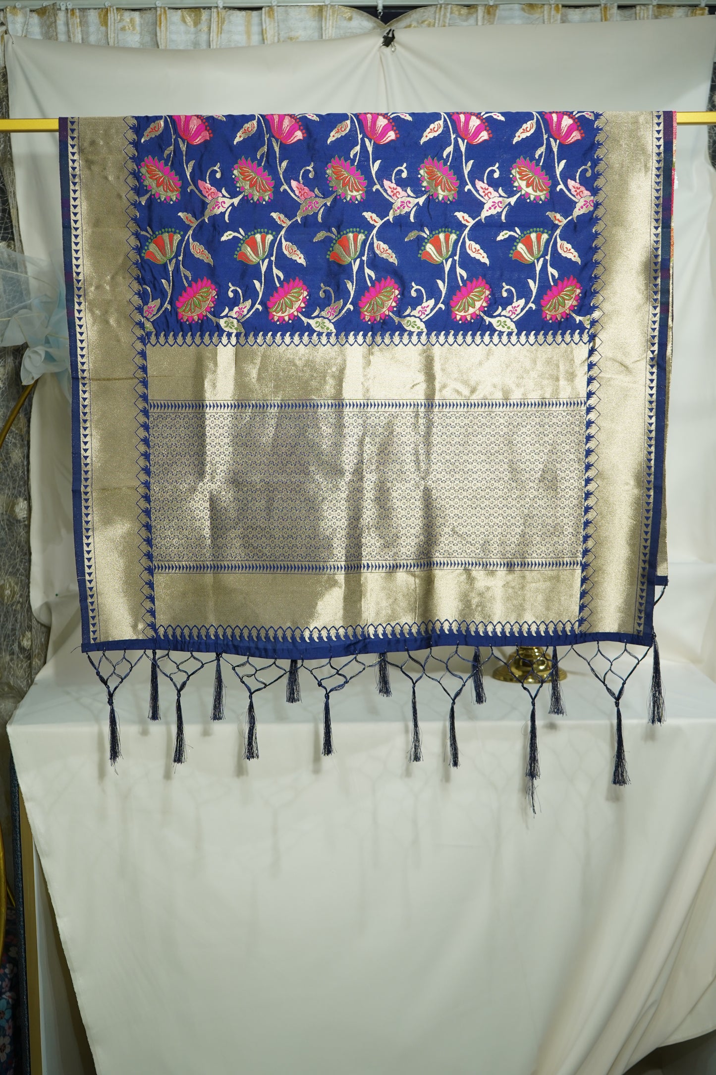 Premium Navy Blue Floral Print Banarasi Jacquard Dupatta