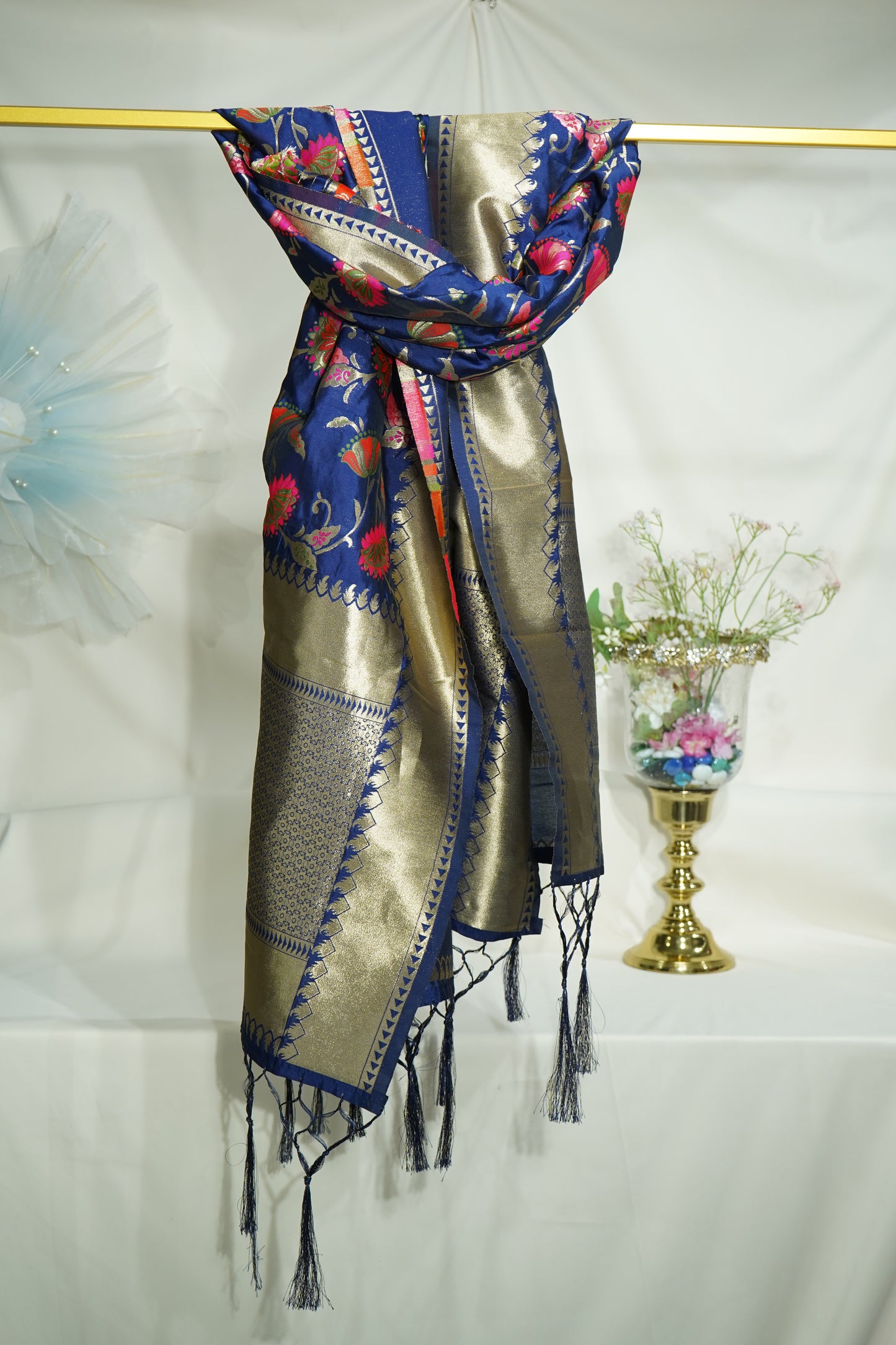 Premium Navy Blue Floral Print Banarasi Jacquard Dupatta