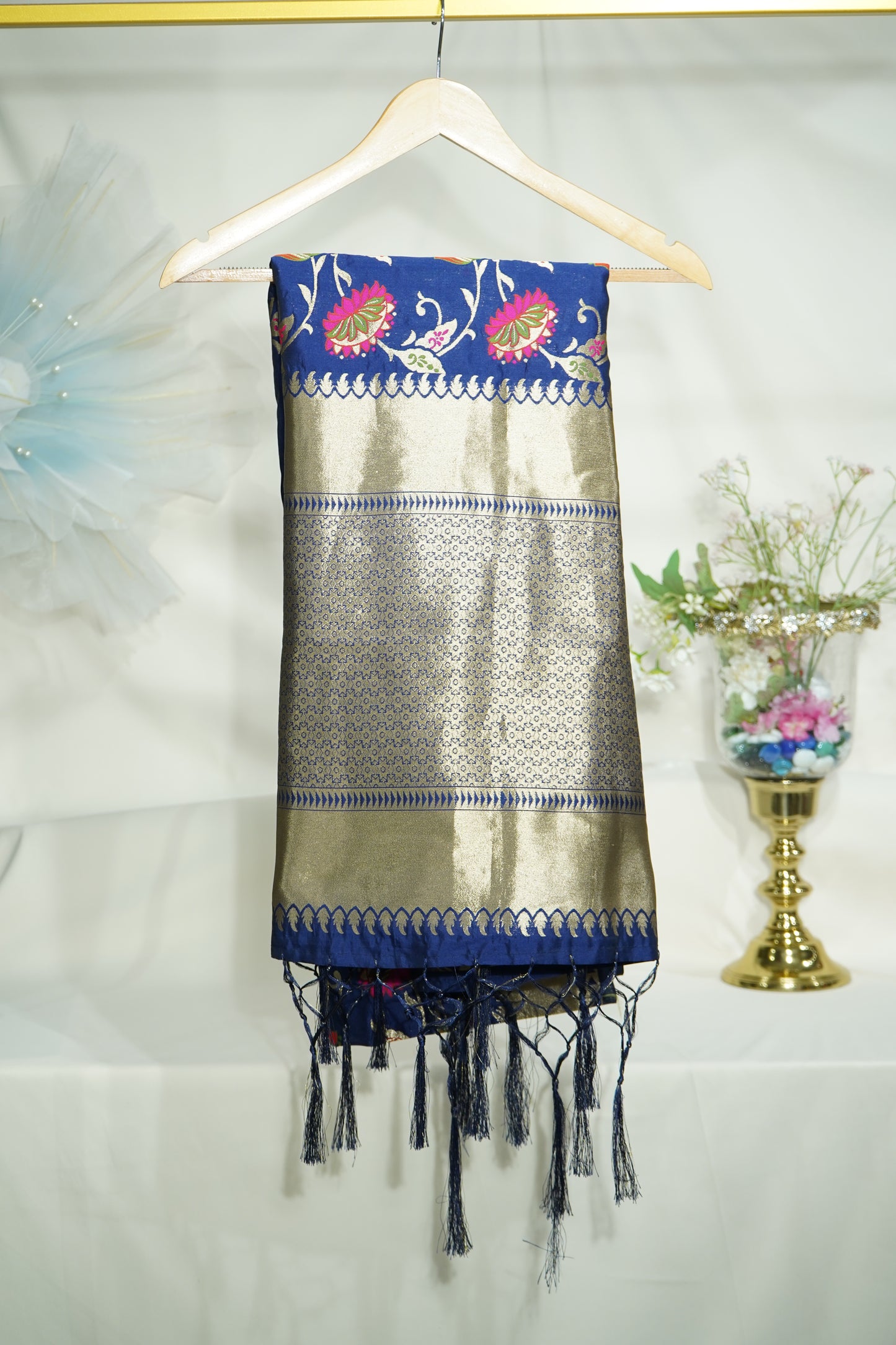 Premium Navy Blue Floral Print Banarasi Jacquard Dupatta