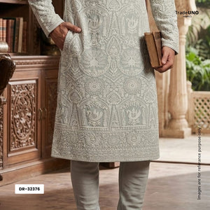 Light Grey Parsi Gara Embroidery Georgette Fabric DR-32376 - TradeUNO