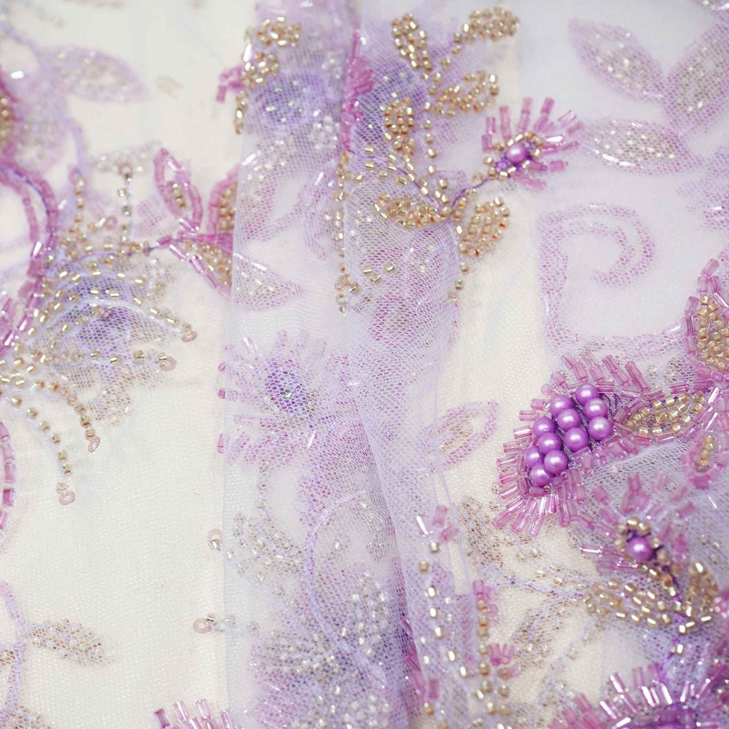 Purple Floral Heavy Pearl Sequins Cut Dana Embroidery Net AF-15100