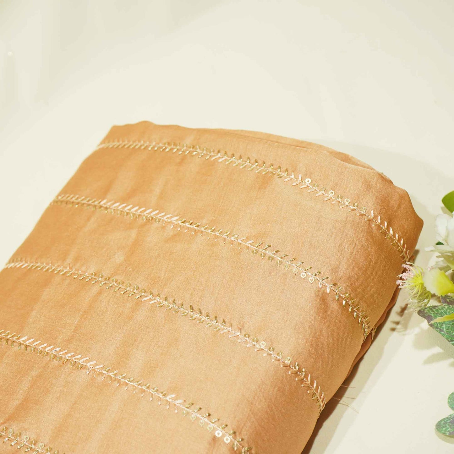 Light Orange Stripes Embroidery Bemberg Silk VC-15412