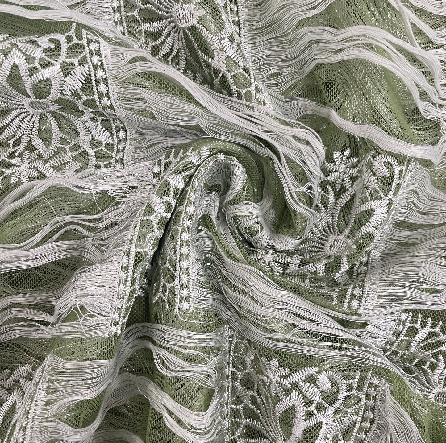 Green Floral Resham Thread Embroidery Net Fabric 15434