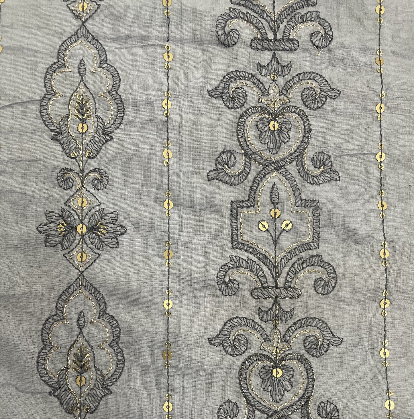 Grey Thread Sequins Embroidery Cotton Fabric 15526