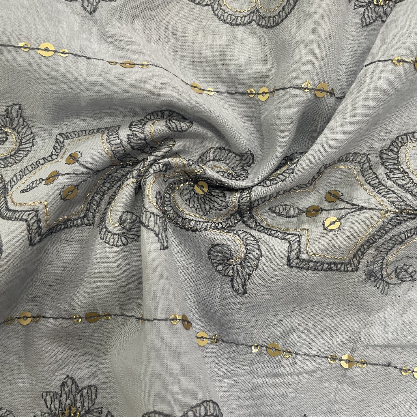 Grey Thread Sequins Embroidery Cotton Fabric 15526