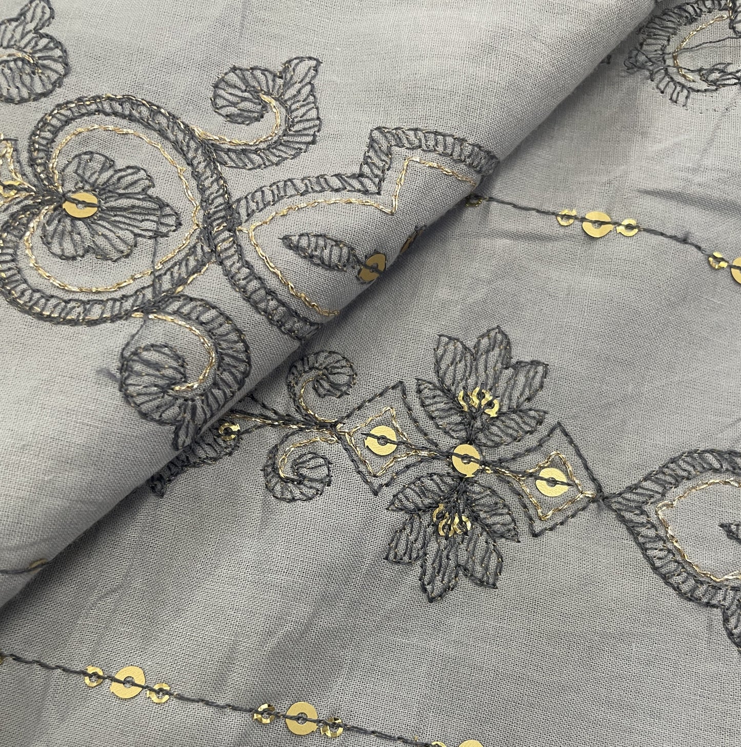 Grey Thread Sequins Embroidery Cotton Fabric 15526