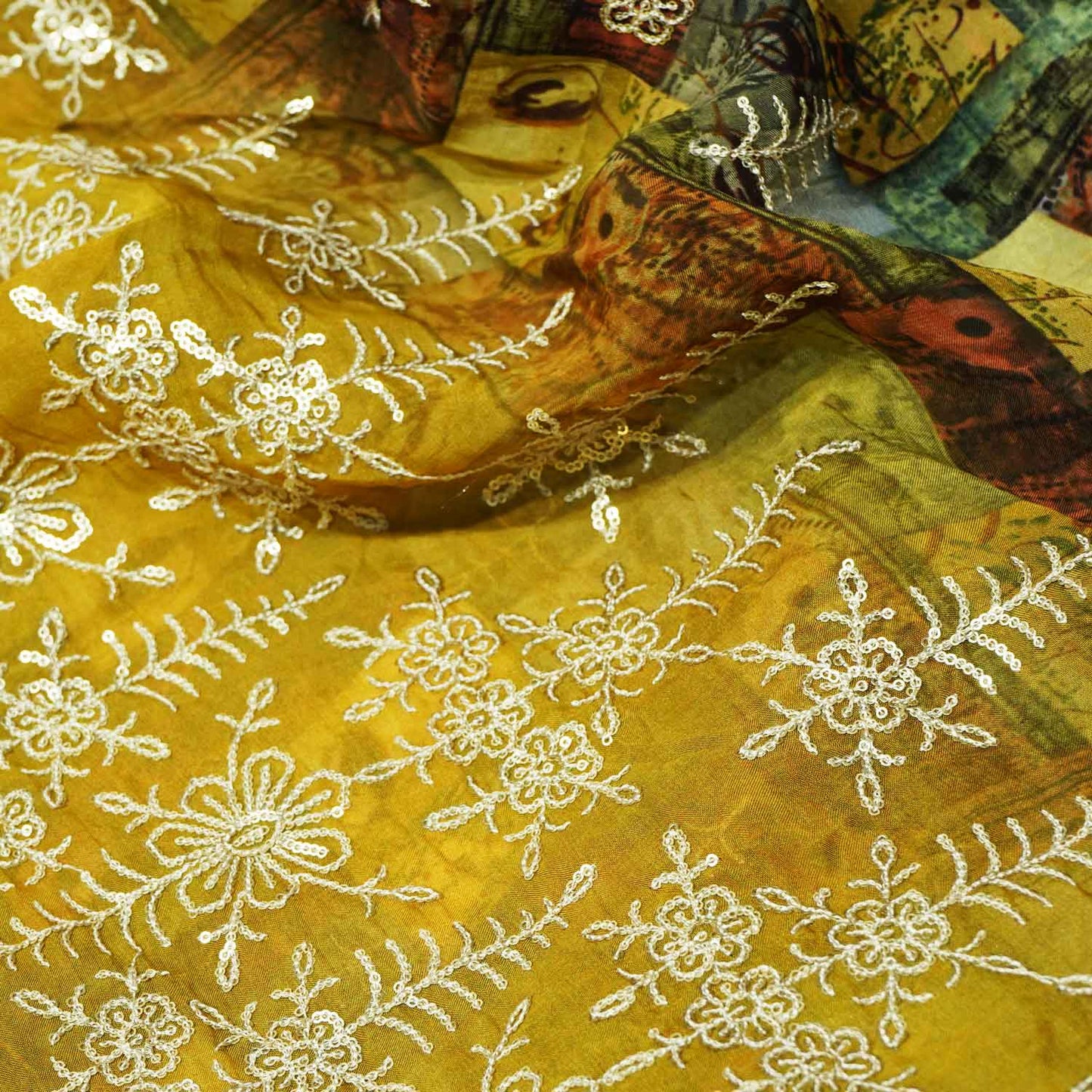 Mustard Yellow Multicolor Sequins Border Embroidery Organza KF-15751