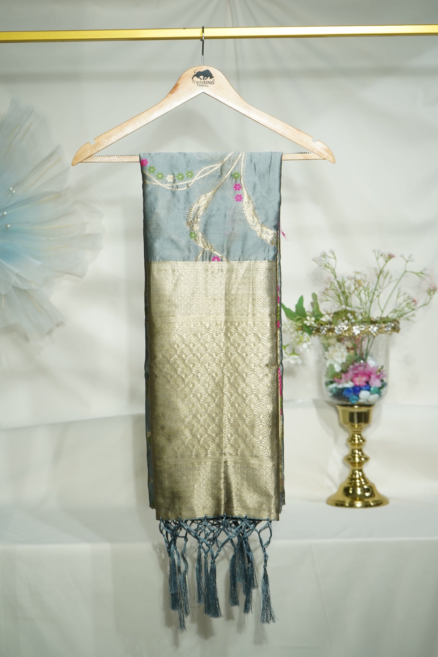 Premium Grey Floral Print Banarsi Jacquard Dupatta