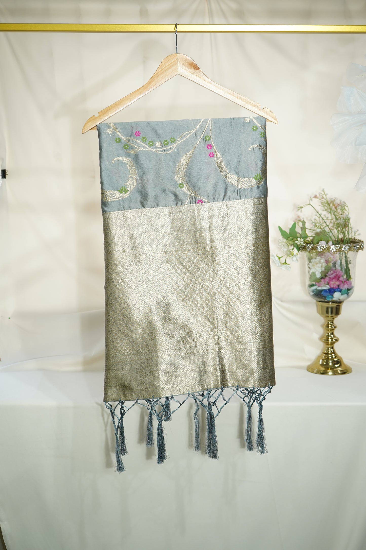 Premium Grey Floral Print Banarsi Jacquard Dupatta