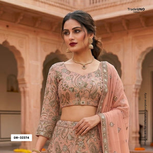 Peach Kashmiri Paisley Embroidery Georgette Fabric DR-32374 - TradeUNO