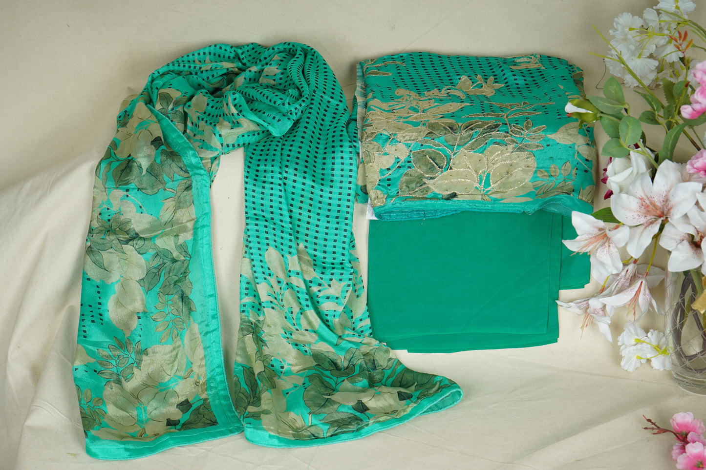 Green Zari Thread Embroidery Crepe Suit Set With Dupatta