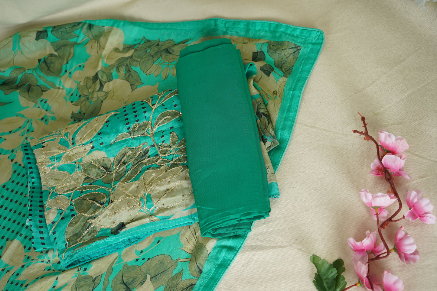 Green Zari Thread Embroidery Crepe Suit Set With Dupatta