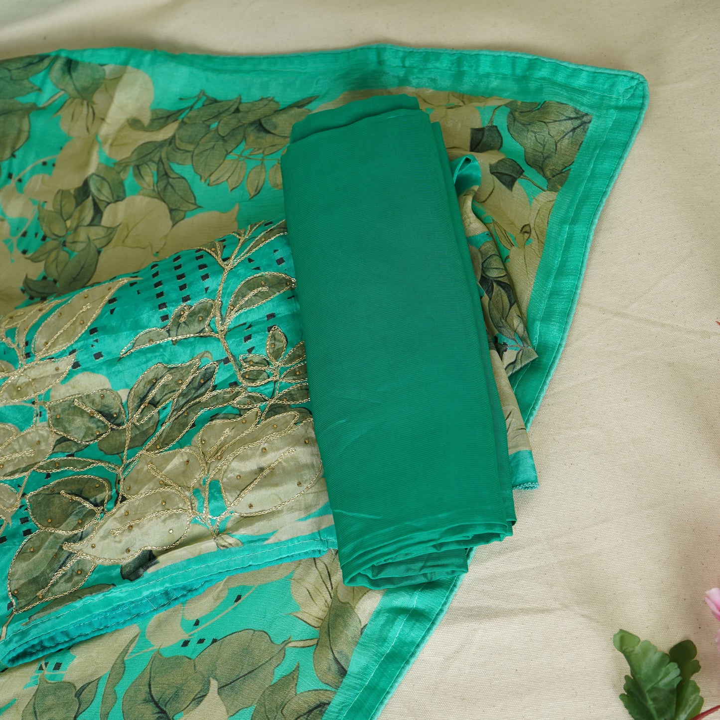 Green Zari Thread Embroidery Crepe Suit Set With Dupatta